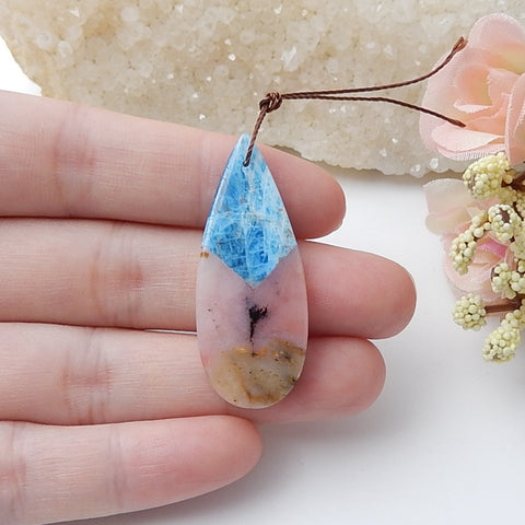 Natural Pink Opal And Blue Apatite Crystal Pendant Bead, 41x17x4mm, 4.5g - MyGemGarden