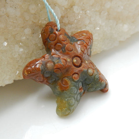 Carved Ocean Jasper Gemstone Starfish Pendant Stone, 33x7mm, 7.4g - MyGemGarden