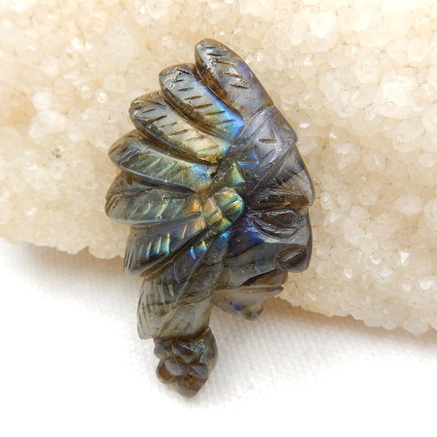 Vintage Hand Carved Labradorite Gemstone Indian Head Pendant , 48x30x8mm, 12.7g - MyGemGarden