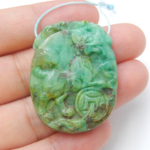 Carved Dog Chrysocolla Gemstone Pendant, 35x28x10mm, 16g - MyGemGarden