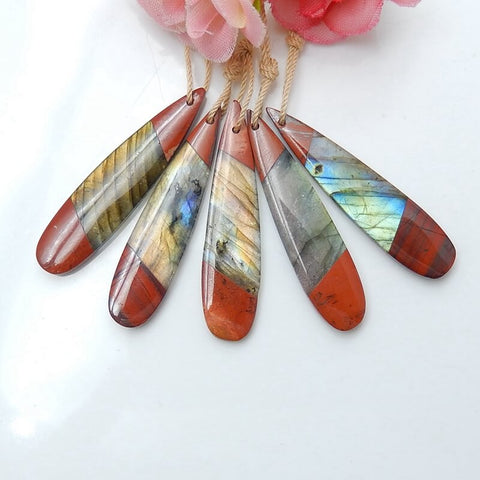 5 pcs Labradorite and Red River Jasper Glued Teardrop Pendant, Set, 41x10x4mm, 12g - MyGemGarden