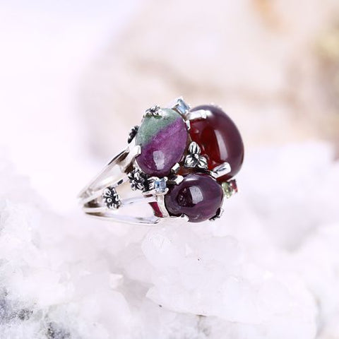 New Arrival!!Natural Gem Red Agate With Ruby And Zoisite And Garnet Zircon Sterling Silver 925 Ring Charms For Women Jewelry(Ring 6 Size) - MyGemGarden