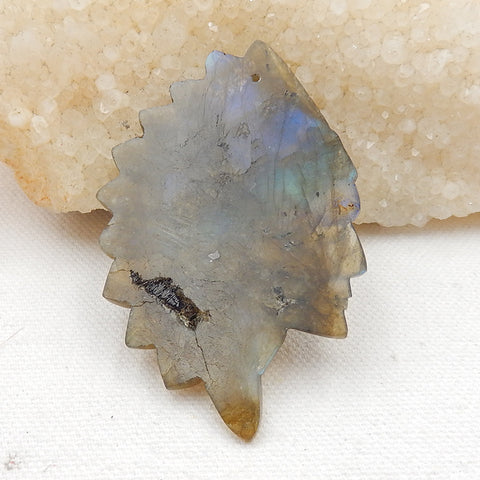 Vintage Hand Carved Labradorite Gemstone Indian Head Pendant , 68x45x5mm, 20.1g - MyGemGarden