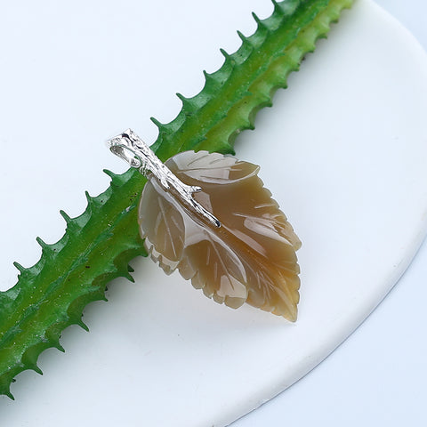 Natural Agate Carved Leaf Pendant with 925 Sterling Silver 47x26x6mm, 8.2g