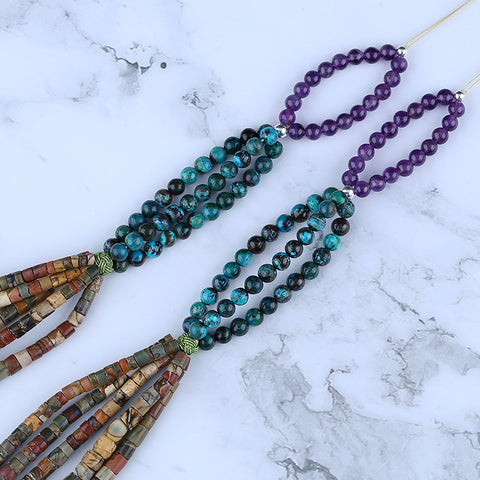 Multi-Color Picasso Jasper, Chrysocolla, Amethyst Gemstone Necklace, Adjustable Necklace, 1 Strand, 24-34 inch, 176g