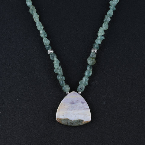 Natural Prehnite With Silver Beads Gemstone Necklace, Ocean Jasper Pendant, Handmade Jewelry, 1 Strand, 24 inch, 85g