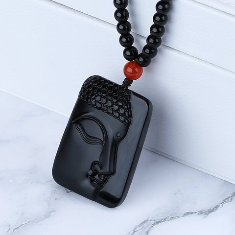 Collier pendentif en pierres précieuses d'obsidienne de bouddha sculpté naturel, 60x39x13mm, 50.6g, 30cm