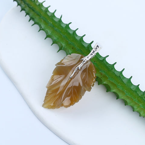 Natural Agate Carved Leaf Pendant with 925 Sterling Silver Accessory 47x27x6mm, 8.4g