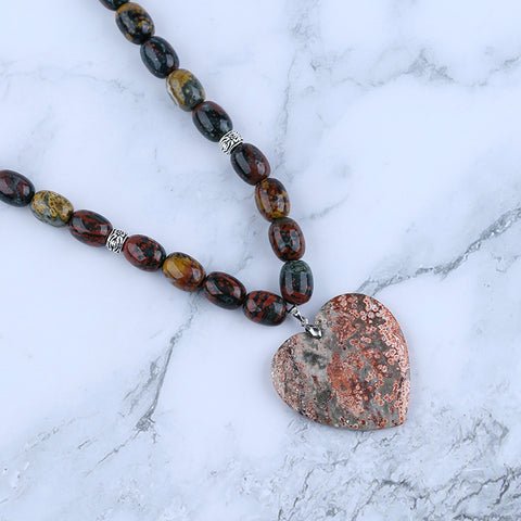 Natural Ocean Jasper Gemstone With Silver Beads Necklace, Heart Shape Pendant, Handmade Jewelry, 1 Strand, 24 inch, 115g