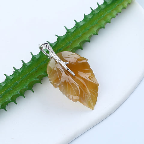 Natural Agate Carved Leaf Pendant with 925 Sterling Silver Pinch Bail 47x26x6mm, 7.8g