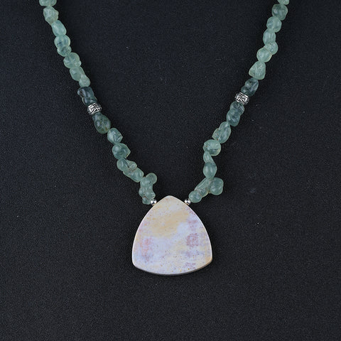 Natural Prehnite With Silver Beads Gemstone Necklace, Ocean Jasper Pendant, Handmade Jewelry, 1 Strand, 24 inch, 86g