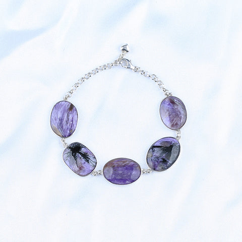 Natural Charoite Gemstone Bracelet with Adjustable 925 Sterling Silver Accessory 7 Inches, 18x13x3mm, 16x12x3mm, 10g