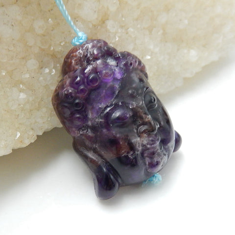 Carved Amethyst Gemstone Buddha Head Pendant Stone, 31x25x11mm, 11.9g - MyGemGarden