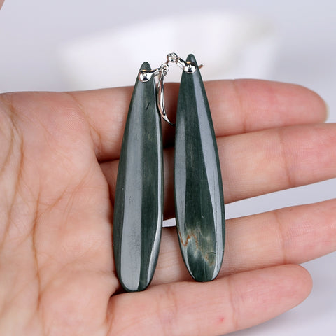 New design Green Wood Fossil Drilled Teardrop Earrings , 925 Sterling Silver Eindings, 56x12x4mm, 11.0g - MyGemGarden