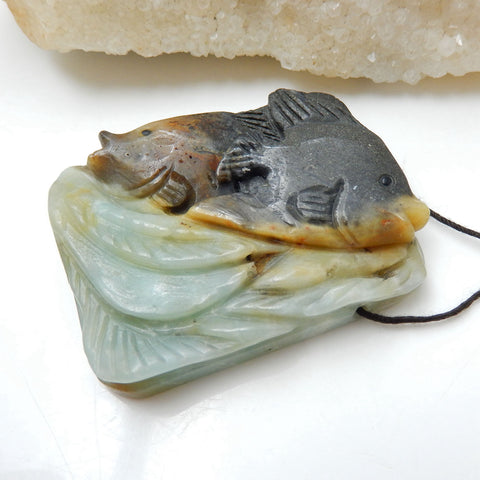 Unique Amazonite Carved angel fish Gemstone Fashion Gemstone Pendant, 51x42x10mm, 44.6g - MyGemGarden