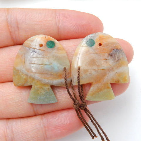 Carved Amazonite Gemstone Fish Earrings Pair, Malachite Eye, 29x24x5mm, 9.4g - MyGemGarden