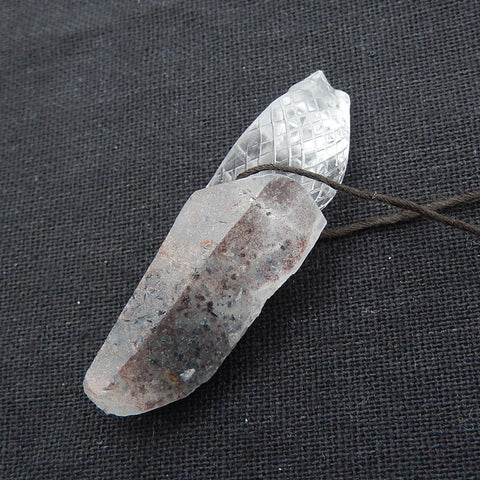 Natural ghost quartz hand carved snake pendant bead, 51x18x13mm, 14.3g - MyGemGarden