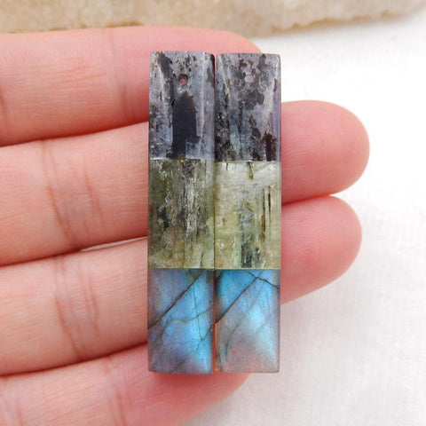 Blue Kyanite, Green Kyanite and Labradorite Glued Rectangle Earrings Stone Pair, 42x9x5mm, 9g