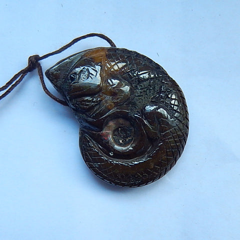 Beatiful Ammonite Fossil Carved Chameleon Drilled Pendant Bead, 39x31x12mm, 22g - MyGemGarden