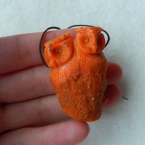 Beautiful New Design Orange Fossil Coral Carved Owl Drilled Pendant, 41x26x17mm, 21.2g - MyGemGarden