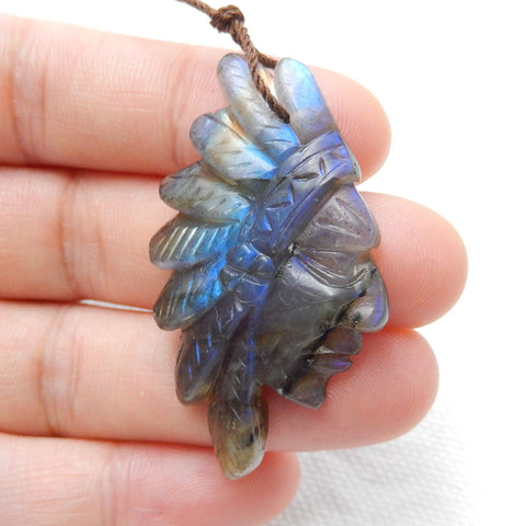 Carved Labradorite Gemstone Indian Head Pendant, 42x28x7mm, 7.7g - MyGemGarden