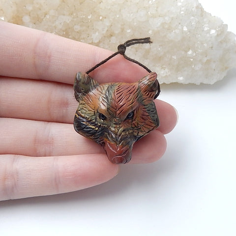 New Design Multi-Color Picasso Jasper Wolf Head Pendants, 32x30x17mm, 17.6g - MyGemGarden