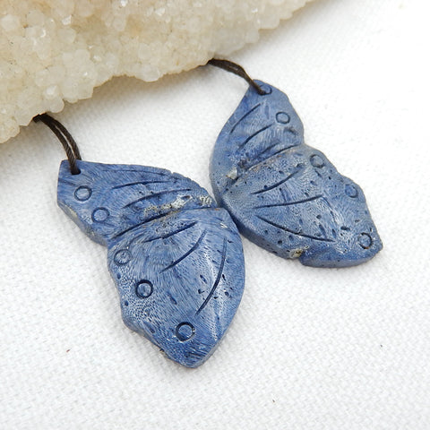 Carved Blue Coral butterfly Earrings,Natural Stone,DIY Jewelry Making, 37x21x5mm,9.1g - MyGemGarden