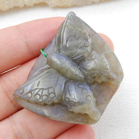 Handmade Labradorite Butterfly Pendant, Animal Carving, 37x30x8mm, 14.4g - MyGemGarden