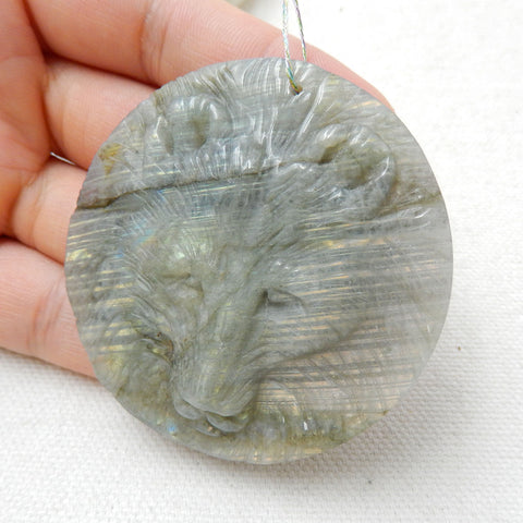 Handmade Carved Lion head Labradorite Gemstone Pendant, 55x7mm, 36.9g - MyGemGarden