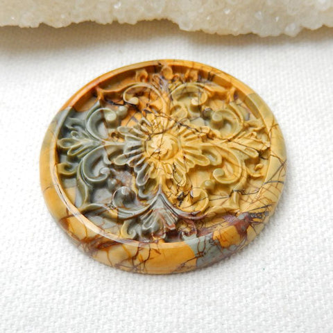 New Design! , Semiprecious Stone Carved Multi Color Picasso Jasper Flower Cabochon, Fashion Jewelry Accessory, 44x5mm, 17.2g - MyGemGarden