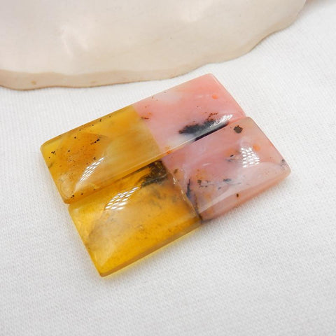 Pink Opal and Yellow Opal Glued Rectangle Earrings Stone Pair, 35x13x4mm, 7.2g