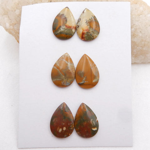 3 Pair Us Biggs Jasper Pear Gemstone Cabochon, 23x16x4mm, 13.6g