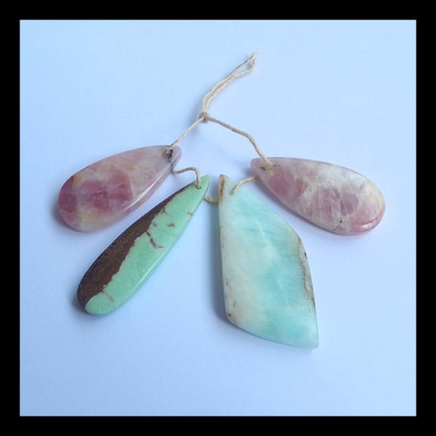 4 Pcs Pendant Bead Set, Pink Tourmaline, Chrysoprase, Hemimorphite Gemstone, 40x19x4mm, 30x15x5mm, 14.5g - MyGemGarden