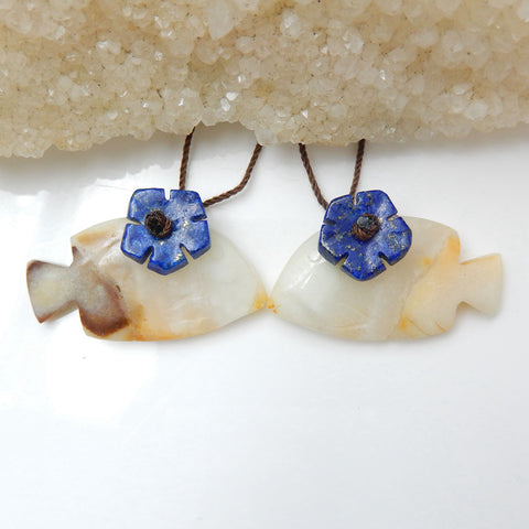 New Natural Gemstone Carved fish Amazonite with lapis lazuli ntarsia fashion Gemstone Earrings Pairs, 32x17x4mm, 12x12x3mm, 9.3g - MyGemGarden