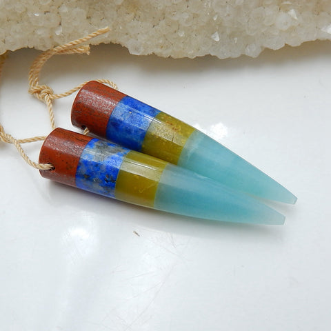 Red River Jasper, Lapis Lazuli, Yellow opal and Amazonite Glued Gemstone Earrings Pair, 41x8mm, 9.1g - MyGemGarden