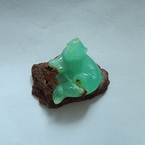 Carved Chrysoprase Gemstone Wolf Cabochon, 36x24x20mm, 12.6g - MyGemGarden