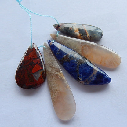 5 pcs Natural Warring States Agate, African Sodalite, Indonese Fossil And Picasso Jasper pendants Beads41x10x3mm 25x15x4mm 10.5g - MyGemGarden