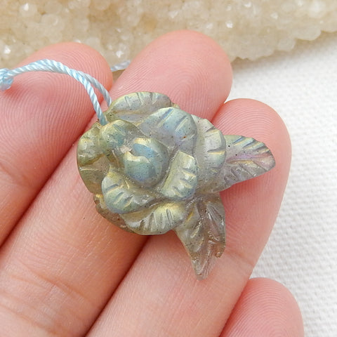 Carved Labradorite Gemstone Flower Pendant Beads, 22x16x8mm, 3.7g - MyGemGarden