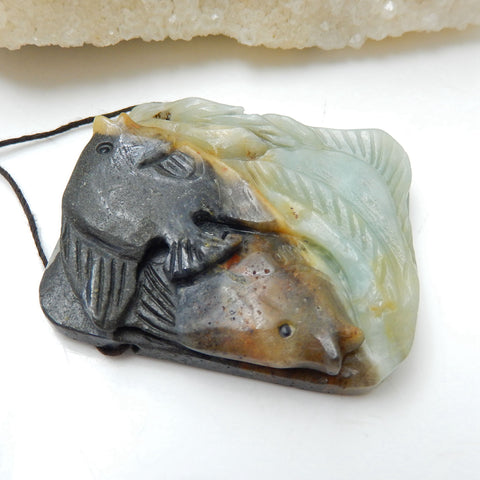 Unique Amazonite Carved angel fish Gemstone Fashion Gemstone Pendant, 51x42x10mm, 44.6g - MyGemGarden