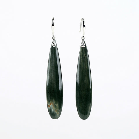 New design Green Wood Fossil Drilled Teardrop Earrings , 925 Sterling Silver Eindings, 56x12x4mm, 11.0g - MyGemGarden