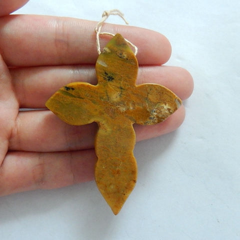 Carved Yellow Opal Gemstone Cross Pendant Bead, 61x46x8mm, 18.5g - MyGemGarden