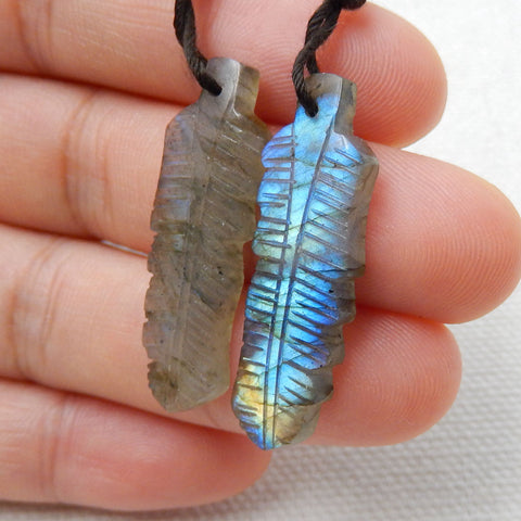 Hand Carved Labradorite Feather Earrings Pair, Natural Stone, 31x10x4mm, 3.7g - MyGemGarden