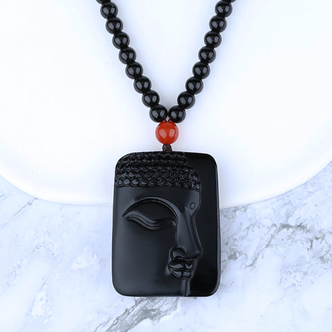 Collier pendentif en pierres précieuses d'obsidienne de bouddha sculpté naturel, 60x39x13mm, 50.6g, 30cm