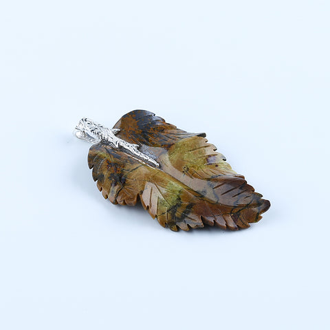 Natural Yellow Opal Carved leaf Pendant with 925 Sterling Silver Accessory 67x37x6mm, 15.6g