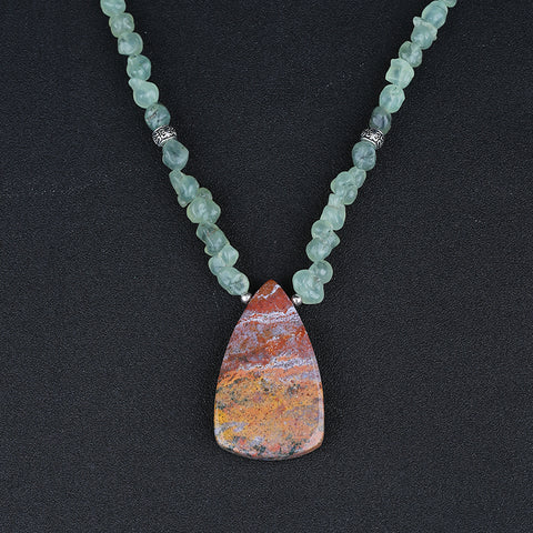 Natural Prehnite With Silver Beads Gemstone Necklace, Ocean Jasper Pendant, Handmade Jewelry, 1 Strand, 24 inch, 92g