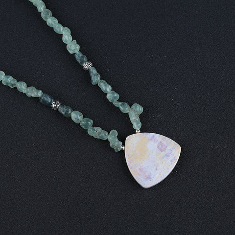 Natural Prehnite With Silver Beads Gemstone Necklace, Ocean Jasper Pendant, Handmade Jewelry, 1 Strand, 24 inch, 86g