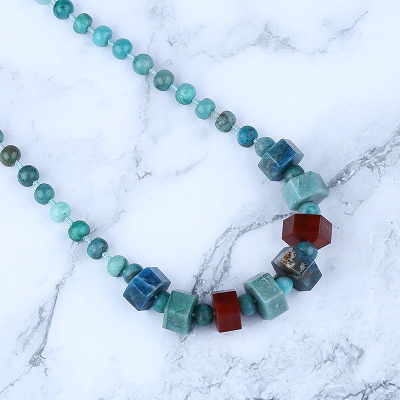 Natural Blue Apatite Crystal, Chrysocolla, Red Agate Necklace with Silver Beads 18 inches length, 62g