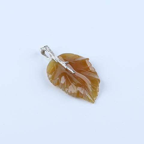 Natural Agate Carved Leaf Pendant with 925 Sterling Silver Pinch Bail 47x26x6mm, 7.8g