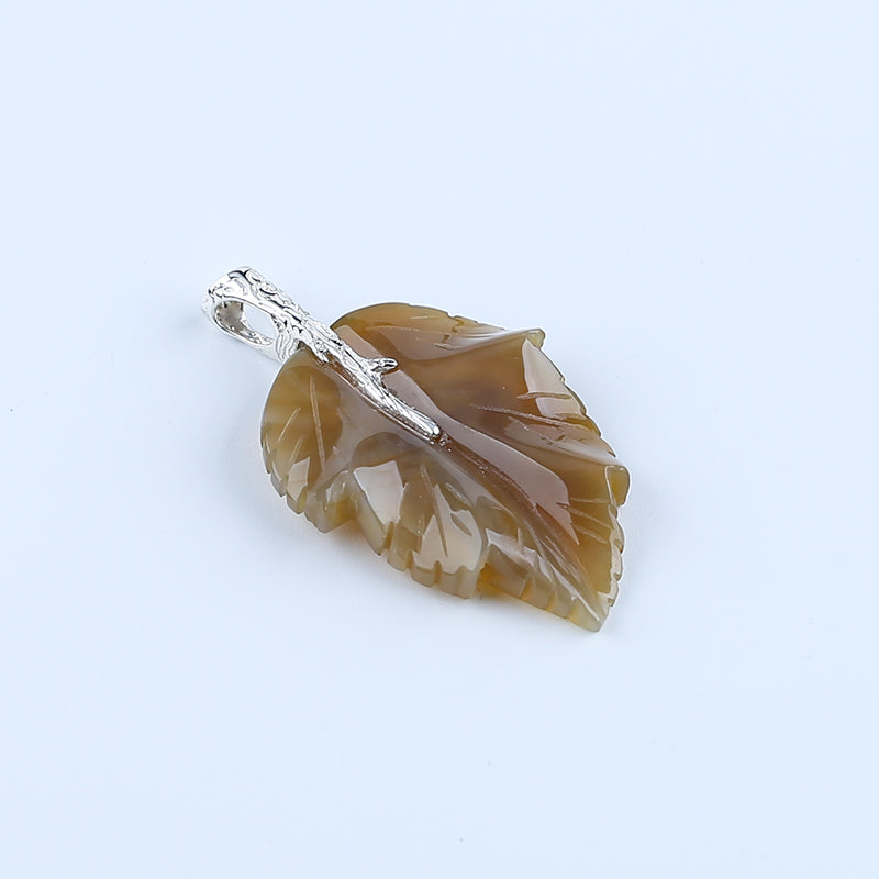 Natural Agate Carved leaf Pendant with 925 Sterling Silver Accessory 47x27x6mm, 8.4g