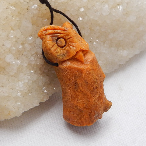 New, Carved Orange Fossil Coral Owl Pendant Bead, 44x19x15mm, 16.5g - MyGemGarden